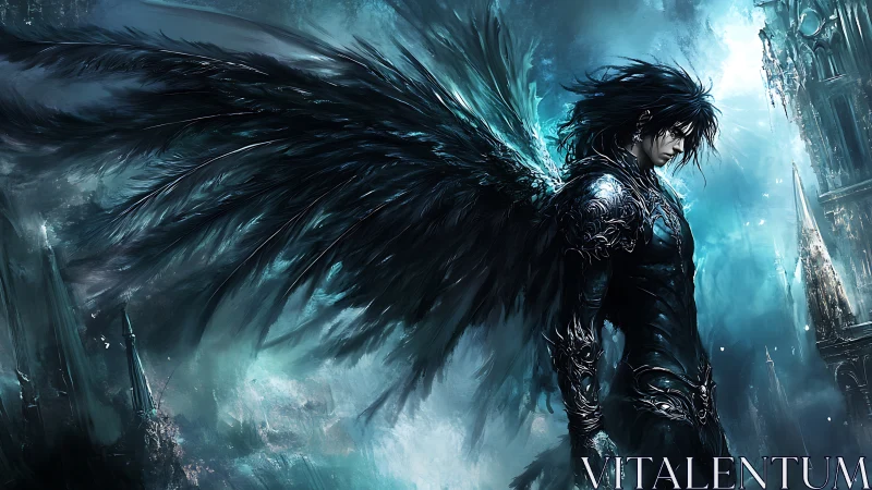 Dark winged warrior in luminous gothic fantasy armor design.