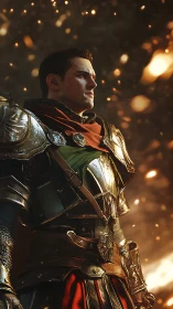 Armored knight stands in glowing embers and golden light
