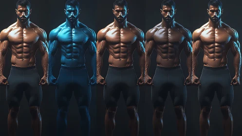Row of muscular male torsos under dramatic colored light.