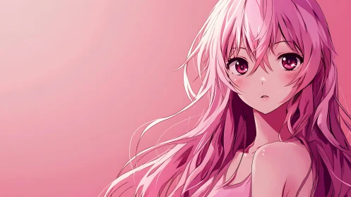 Pink monochrome anime portrait depicts long-haired girl