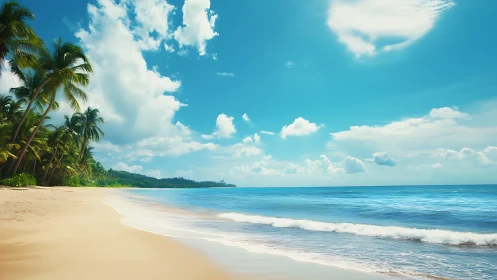 Tropical shoreline with palm trees, sand, sea and clouds.