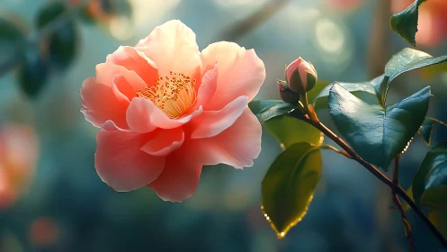 Coral Pink Peony Bloom with Golden Center.