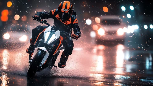 Motorcyclist leans through neon-lit rain with cinematic contrast