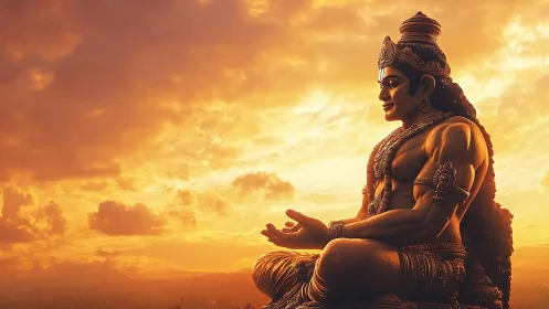 Sunlit titan in serene meditation above a molten sky.