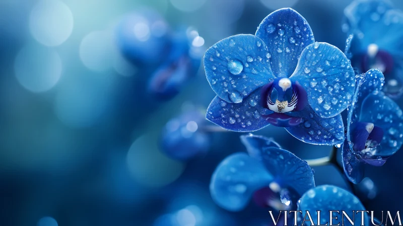 Dewdrop-Kissed Blue Orchids Bloom Against Ethereal Shadows
