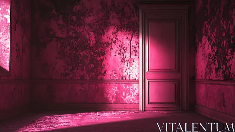 Pink illuminated door in distressed interior corridor space.