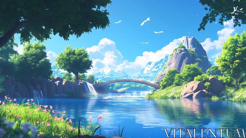 Sunlit mountain river and arched bridge in lush valley.