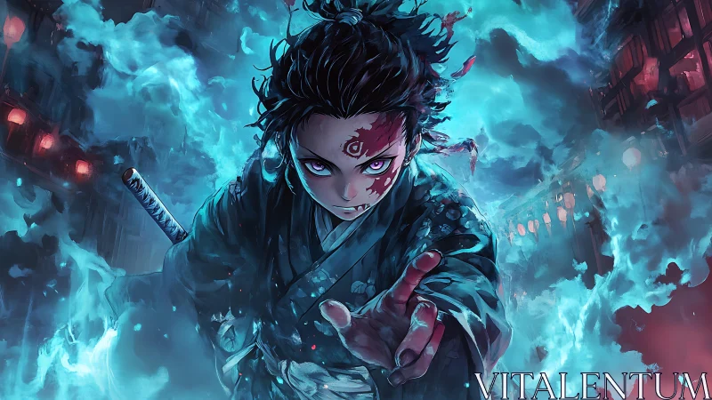 Storm-lit demon slayer reaches through blue spectral fire