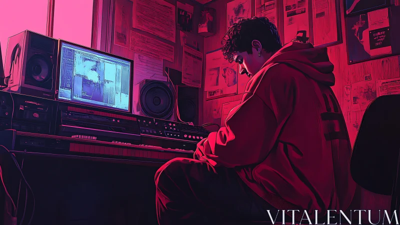 Young music producer crafts beats in neon-lit studio