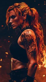 Fiery warrior in profile amid embers and dramatic glow.