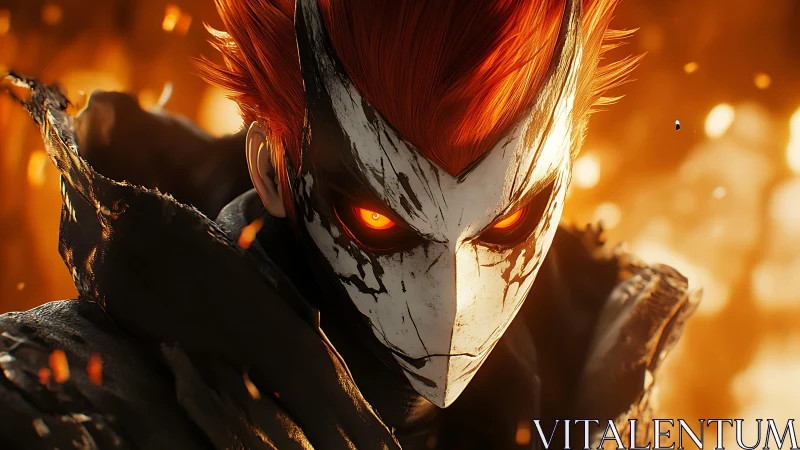 Masked fiery-eyed warrior amid burning orange embers.