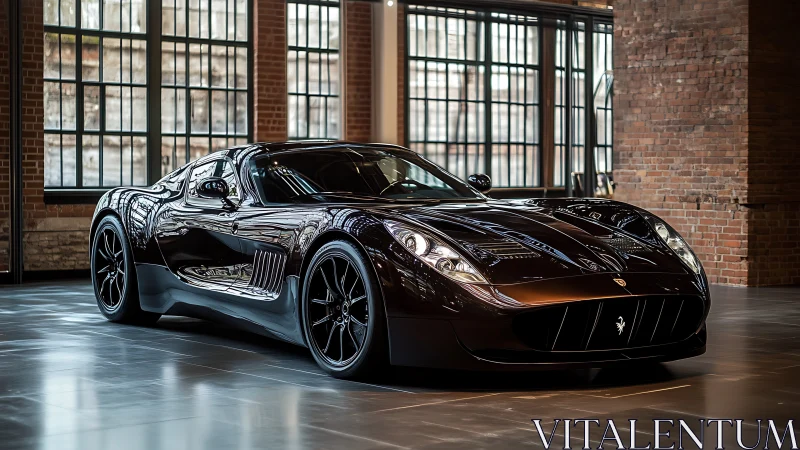 Glossy black supercar poised in industrial loft gallery.