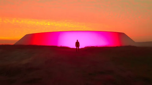 Silhouette faces neon horizon beside glowing magenta dome.