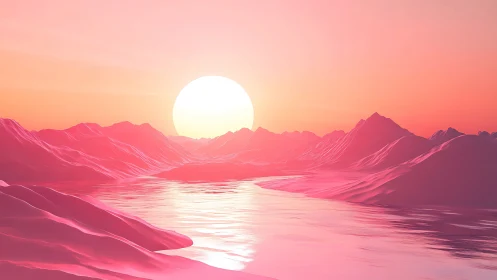 Pink digital mountains with reflective lake at sunset.