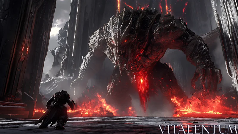 Molten titan leans from the abyss to confront lone knight