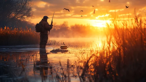 Sunlit waterfowl hunter in misty marsh at golden sunrise.