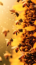 Honeybees in luminous macro flight around sunflower core.