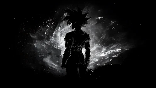 Silhouetted anime warrior facing cosmic energy blast.
