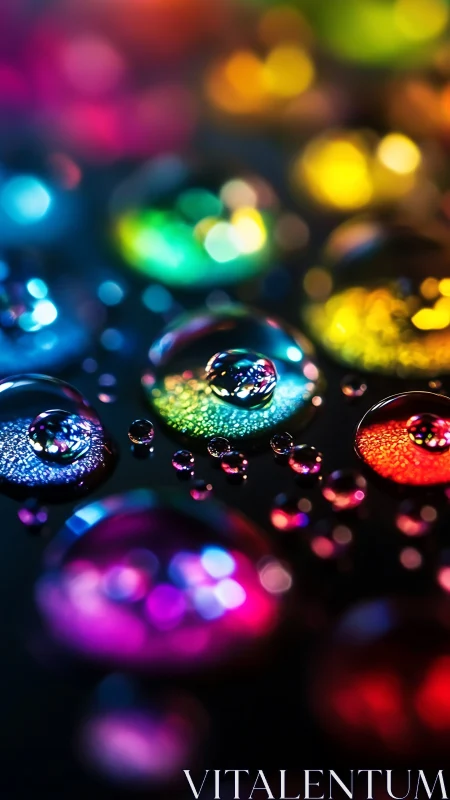 Glowing rainbow droplets in vivid macro abstraction on black.