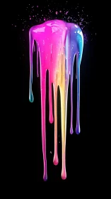 Multicolored viscous liquid drips vertically against black