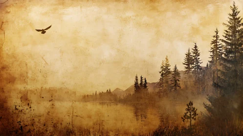 Misty evergreen forest and soaring bird in sepia haze.