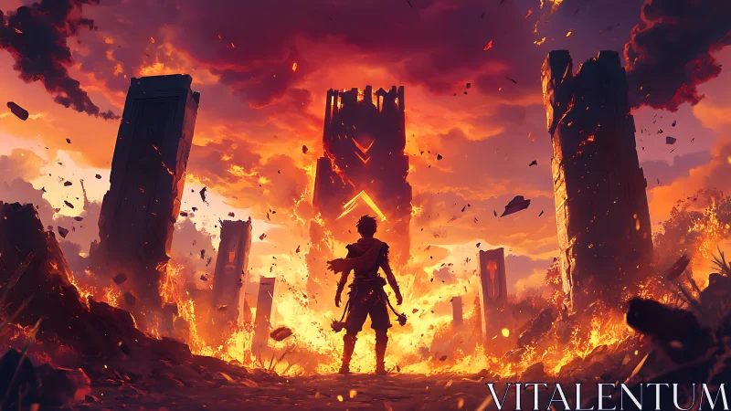 Flame crowned wanderer before crumbling titans of dusk.