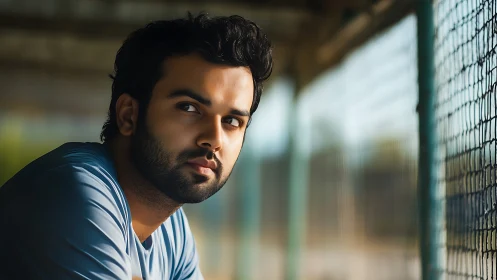 Pensive young man leans by sunlit outdoor wire fence.