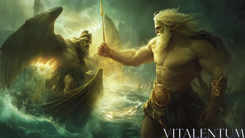 Mythic maritime confrontation between two armored deities.