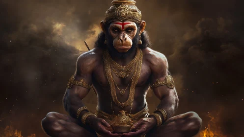 Mythic monkey warrior rests in golden, firelit meditation.
