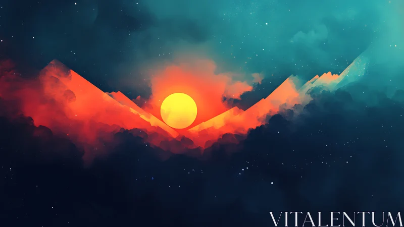 Surreal sun rising over neon mountains in cosmic fog.