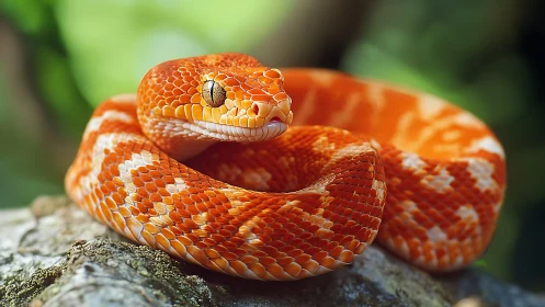 Vibrant orange viper coiled on mossy branch in soft bokeh light.