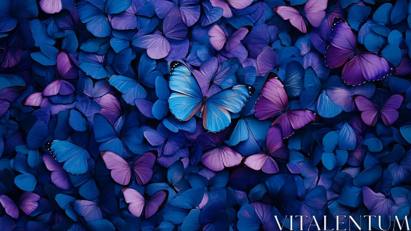 Blue and purple butterfly cluster in dense abstract field.