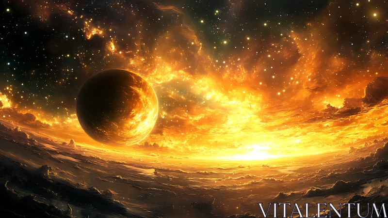 Burning alien planet rises over a blazing cosmic horizon