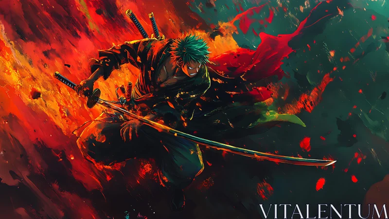 Sword wielding fighter in midair amid abstract flames.