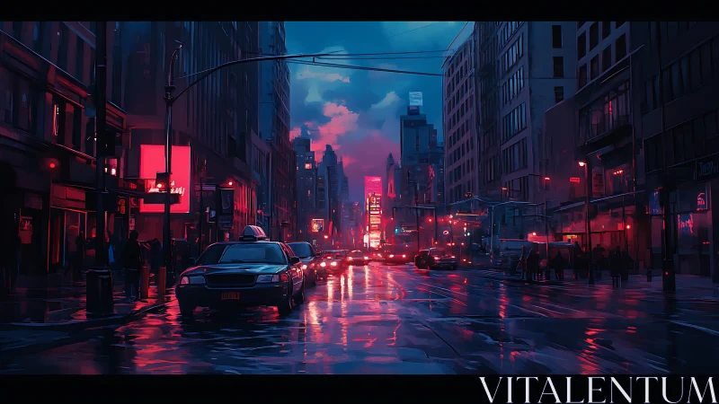 Neon city avenue reflects rain-soaked nocturnal energy.