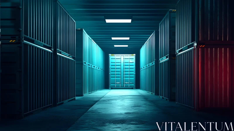 Industrial shipping container storage hallway with dramatic lighting. Industrial shipping container storage hallway with dramatic lighting.