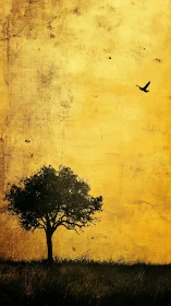 Solitary tree silhouette stands beneath textured yellow sky