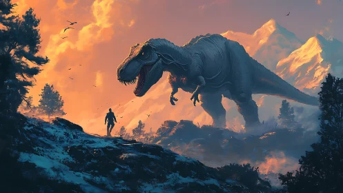 Dinosaur towers over lone explorer in fiery alpine dusk.