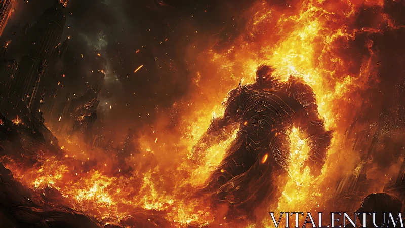 Inferno warlord strides through collapsing ember-scorched city.