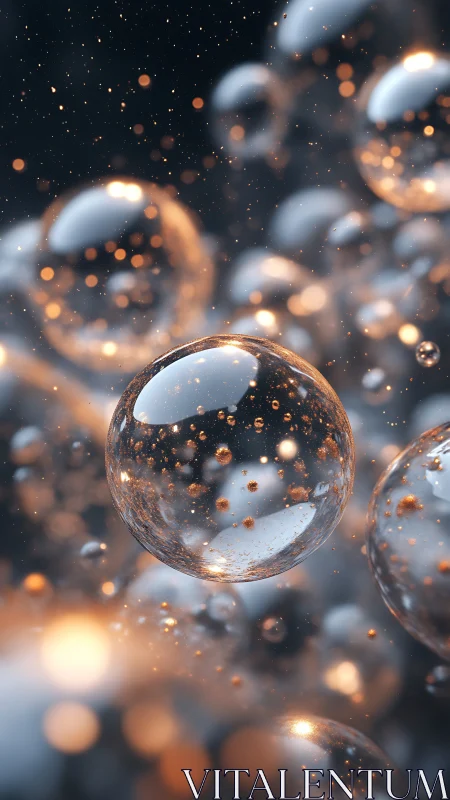 Glowing glass orbs drift through luminous cosmic dust.