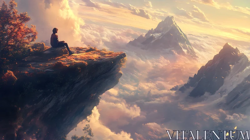 Solitary figure surveys cloud-laden alpine peaks at sunrise