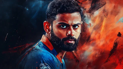 Storm-eyed cricket warrior framed by blazing abstract fire.