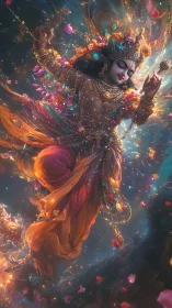 Radiant divine dancer swirling through cosmic petals.
