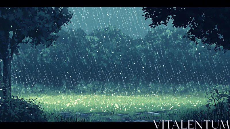 Rainy Meadow Dreams Beneath Dark Forest Trees