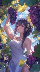 Sunlit grape harvest maiden in luminous anime vineyard.