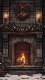 Stone fireplace with wreath and Christmas garlands.