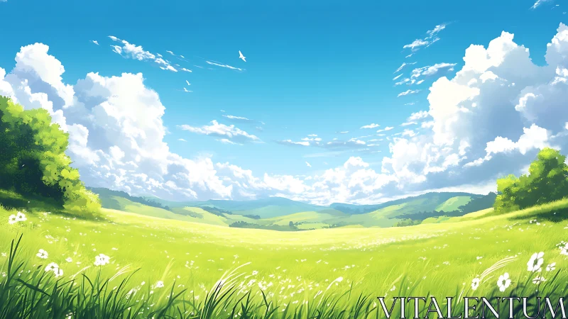 Sunlit summer meadow under cumulus cloudscape panoramic view