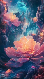 Glowing cosmic flowers floating in an abstract nebula scene.