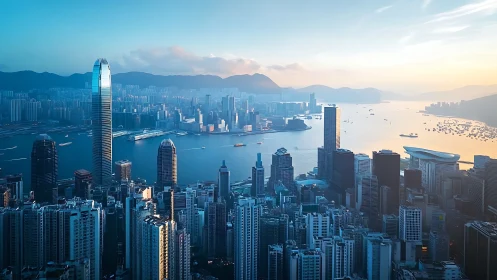Harbor city skyline glows under cool sunrise light.