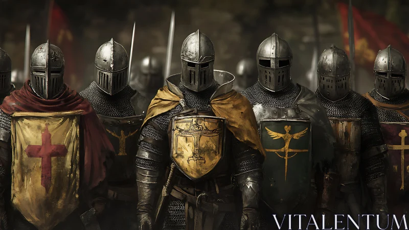 Armored medieval knights lined in formation with heraldry.
